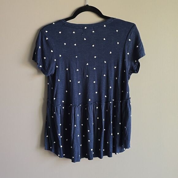 Jun & Ivy Navy Blue with White Hearts Loose Fit Flowy V-Neck Chic Boho Blouse  - Picture 4 of 9